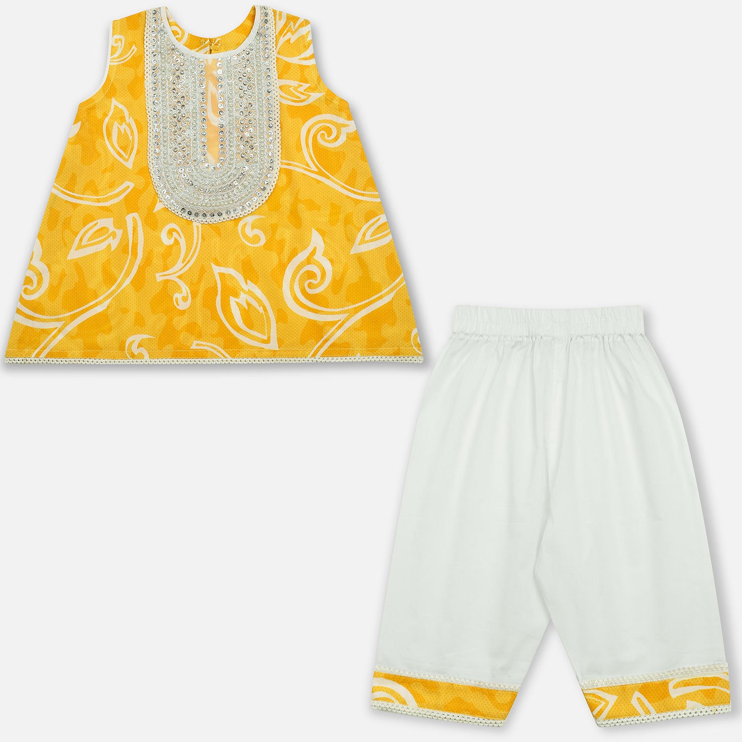 Yellow Printed Embroidered Girls Co-Ord Set
