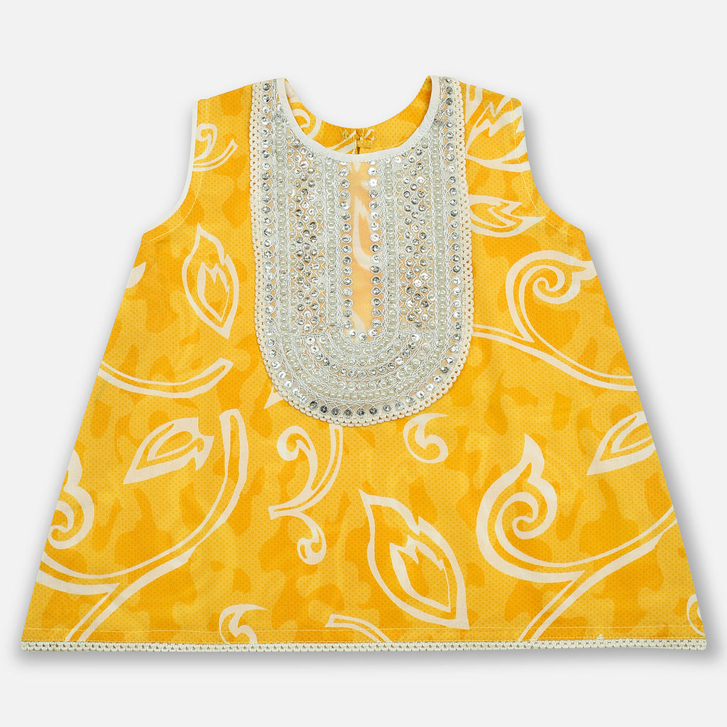 Yellow Printed Embroidered Girls Co-Ord Set