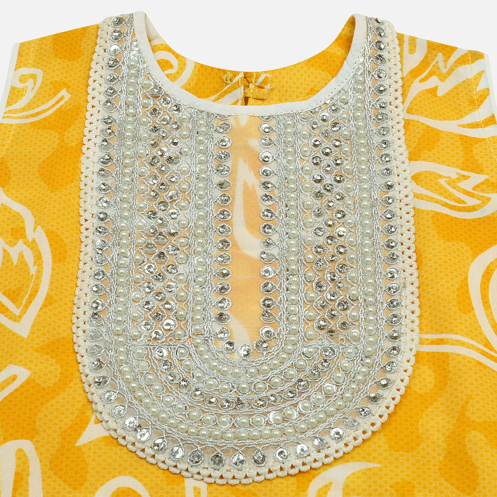 Yellow Printed Embroidered Girls Co-Ord Set