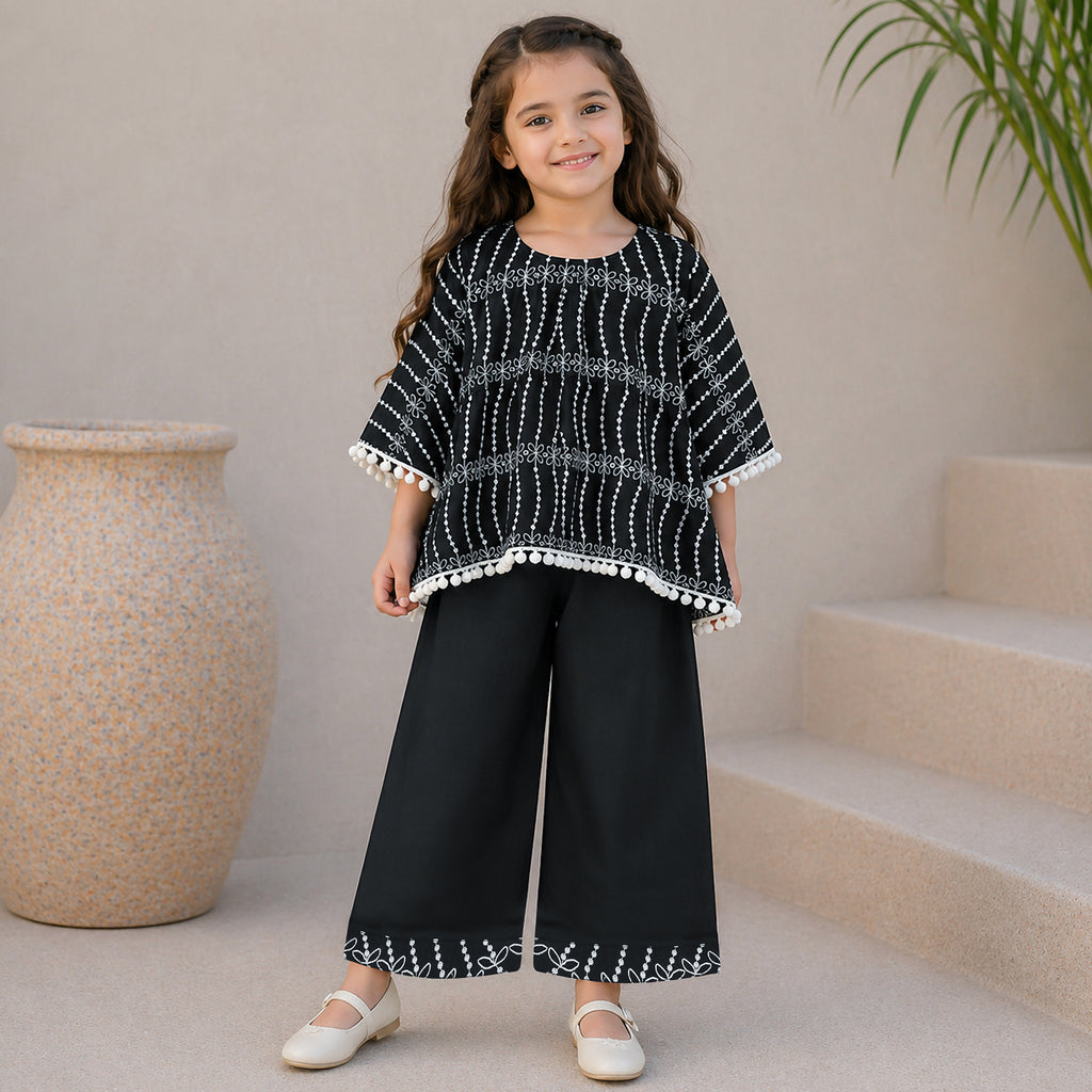 Black Printed Poncho Style Girls Co-Ord Set