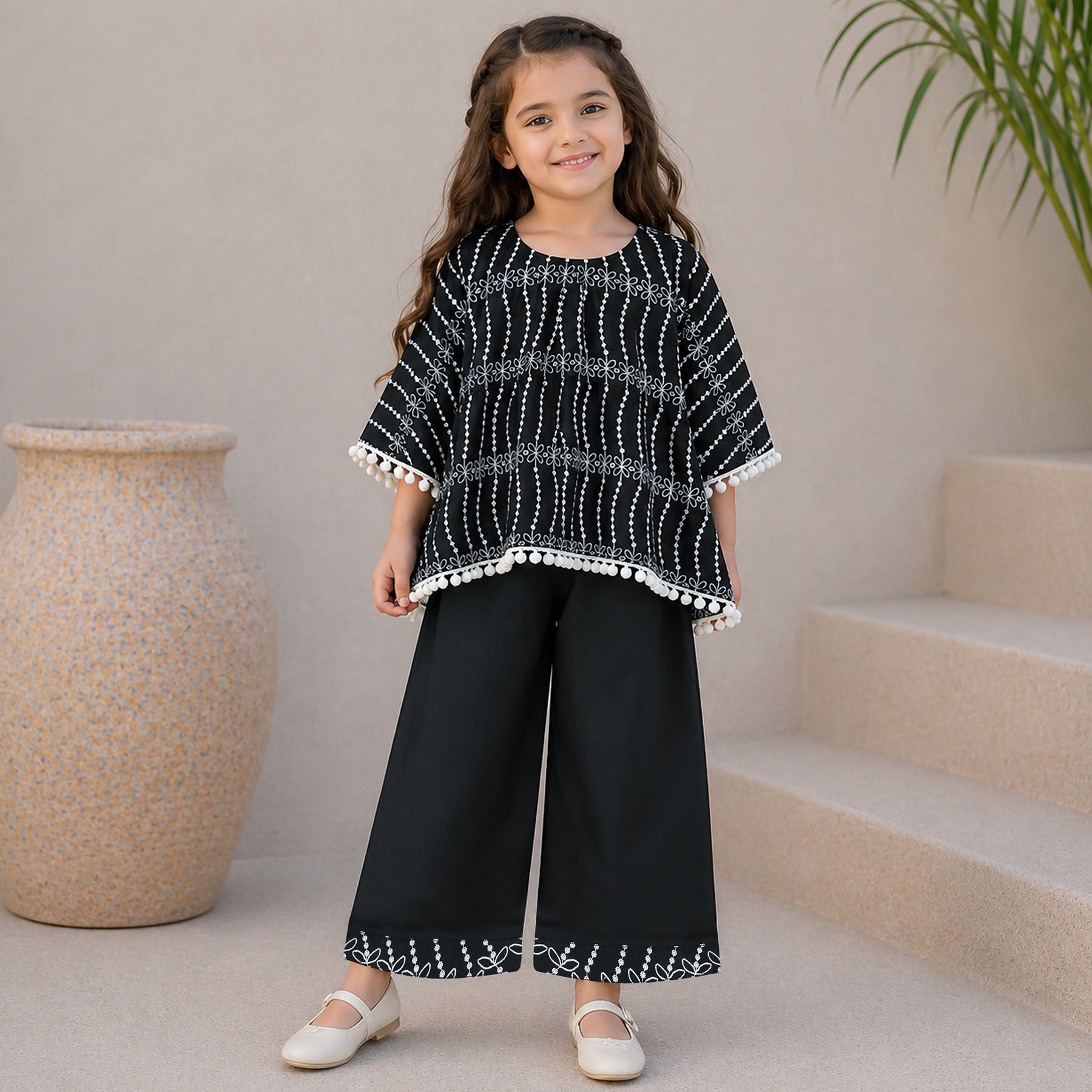 Black Printed Poncho Style Girls Co-Ord Set