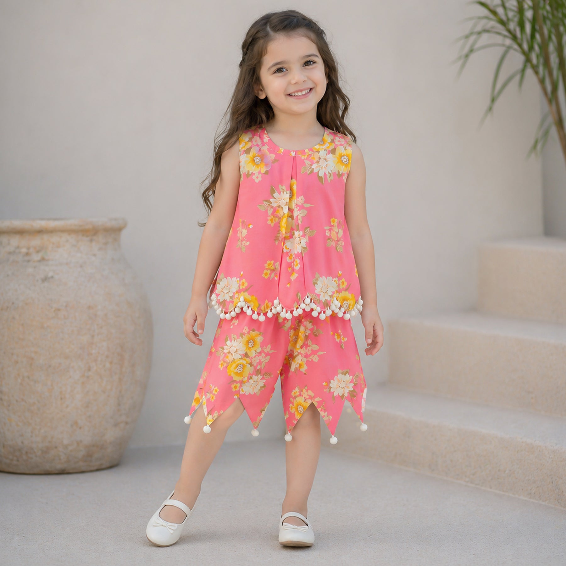 Pink Floral Pom-Pom Girls Co-Ord Set