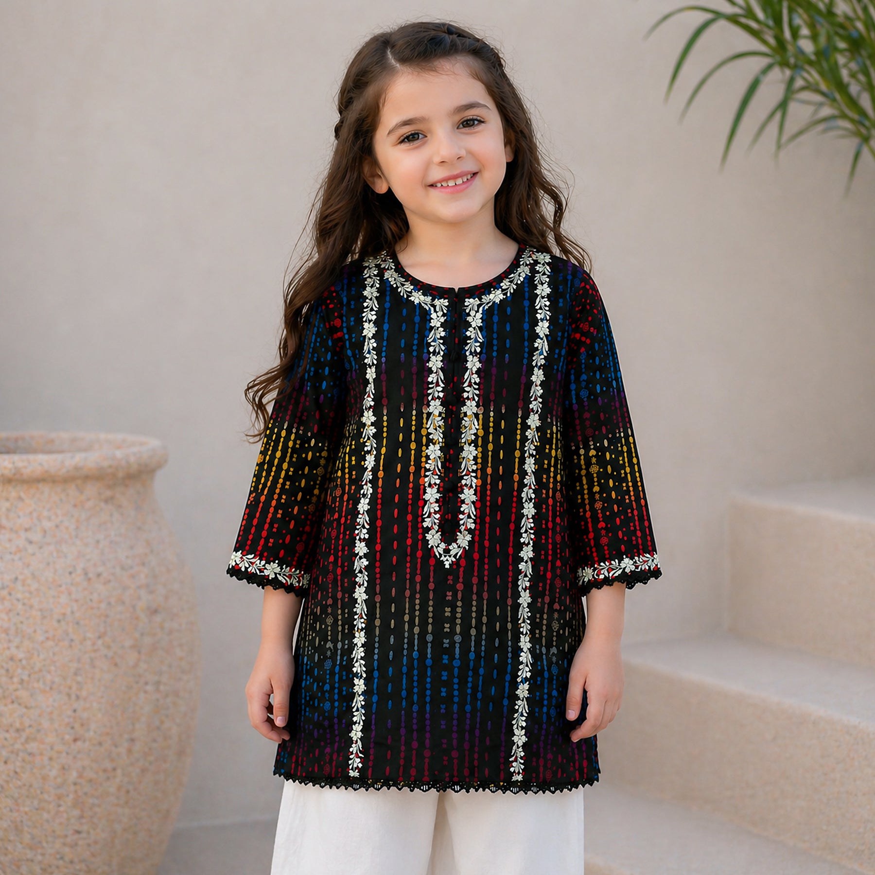 Black Rainbow Embroidered Girls Kurti