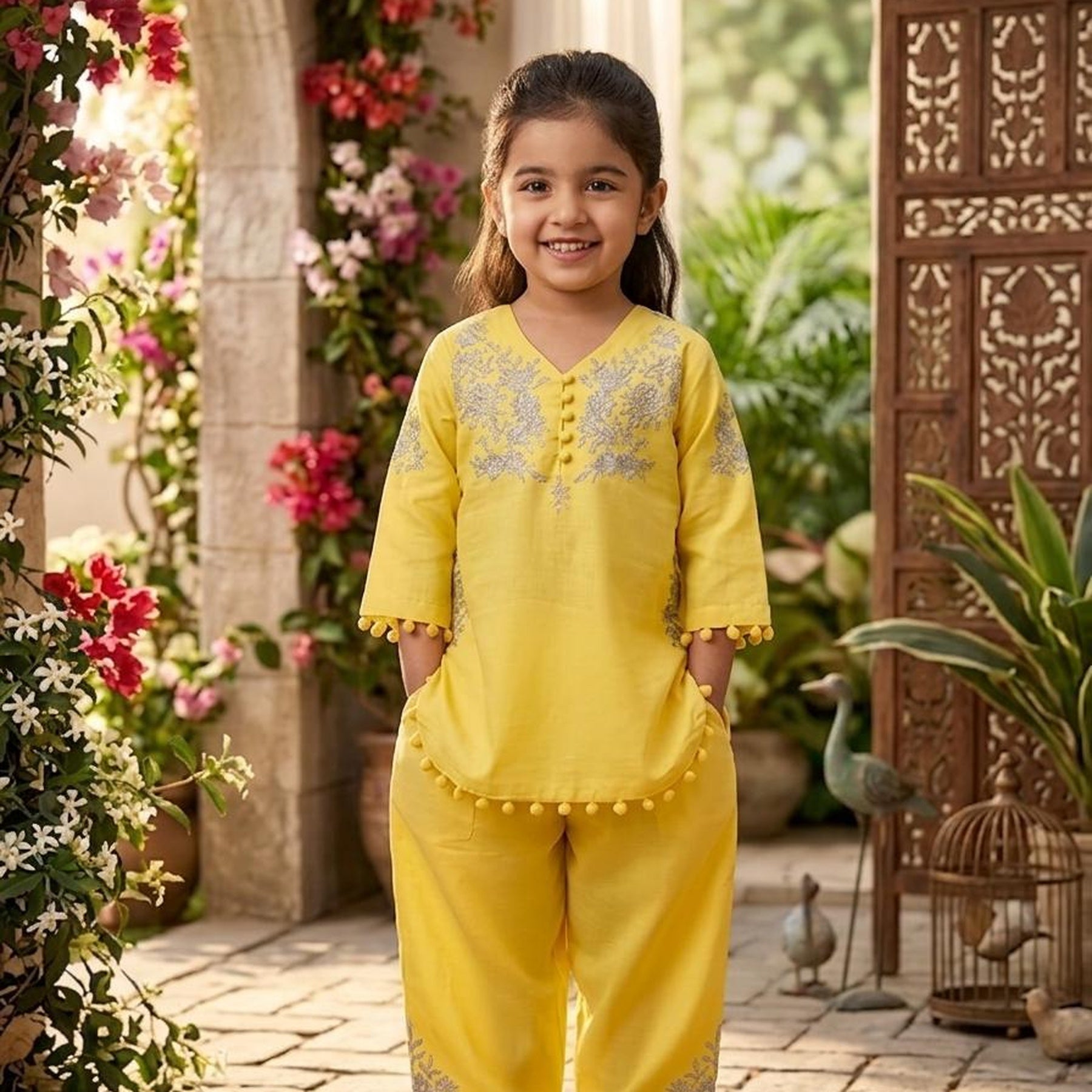 Sunshine Yellow Embroidered Girls Co-Ord Set