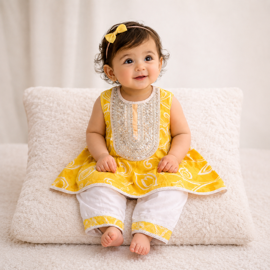 Yellow Printed Embroidered Girls Co-Ord Set